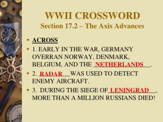 WWII CROSSWORD Section 17.2 – The Axis Advances