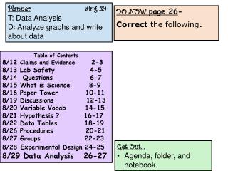 Planner 			 Aug 29 T: Data Analysis D : Analyze graphs and write about data