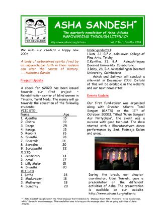 ASHA SANDESH * The quarterly newsletter of Asha-Atlanta EMPOWERING THROUGH LITERACY