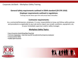 Corporate Job Bank – Workplace Safety Training