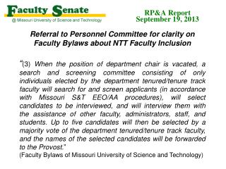 Referral to Personnel Committee for clarity on Faculty Bylaws about NTT Faculty Inclusion