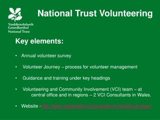 Key elements: Annual volunteer survey Volunteer Journey – process for volunteer management