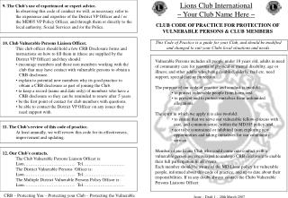 CLUB CODE OF PRACTICE FOR PROTECTION OF VULNERABLE PERSONS &amp; CLUB MEMBERS