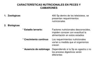 CARACTERÍSTICAS NUTRICIONALES EN PECES Y CAMARONES