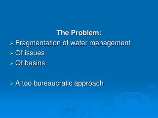 The Problem: Fragmentation of water management Of issues Of basins A too bureaucratic approach
