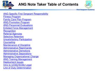 ANG Note Taker Table of Contents