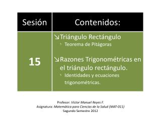 Profesor: Víctor Manuel Reyes F. Asignatura: Matemática para Ciencias de la Salud (MAT-011)