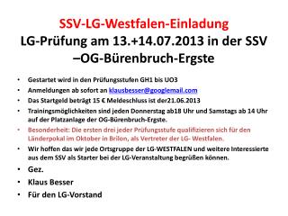 SSV-LG-Westfalen-Einladung LG-Prüfung am 13.+14.07.2013 in der SSV –OG-Bürenbruch-Ergste