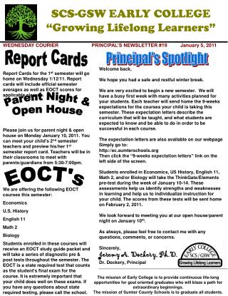 WEDNESDAY COURIER		PRINCIPAL’S NEWSLETTER #19	January 5, 2011