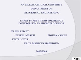 AN-NAJAH NATIONAL UNIVERITY DEPARTMENT OF ELECTRICAL ENGINEERING