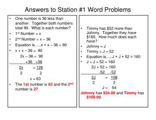Answers to Station #1 Word Problems