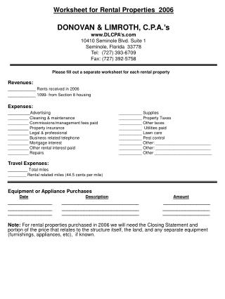 Please fill out a separate worksheet for each rental property Revenues: