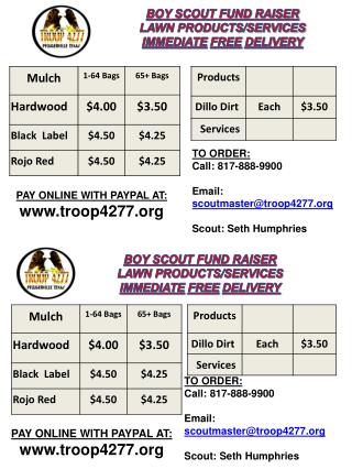 BOY SCOUT FUND RAISER LAWN PRODUCTS/SERVICES IMMEDIATE FREE DELIVERY