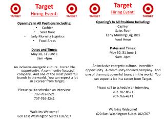 Target Hiring Event: Opening’s In All Positions Including: Cashier Sales floor