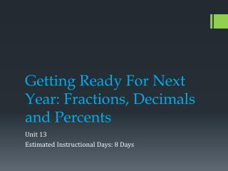Getting Ready For Next Year: Fractions, Decimals and Percents