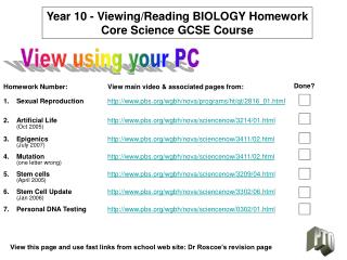 Year 10 - Viewing/Reading BIOLOGY Homework Core Science GCSE Course