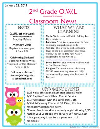 2 nd Grade O.W.L Outstanding Wise Learning Classroom News