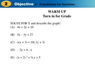 WARM UP Turn in for Grade SOLVE FOR Y and describe the graph! 	(A) 4x + 2y = 10