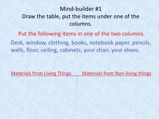 Mind-builder #1 Draw the table, put the items under one of the columns.