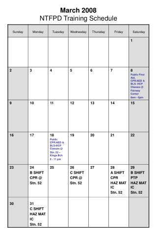 March 2008 NTFPD Training Schedule