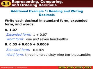 Additional Example 1: Reading and Writing Decimals