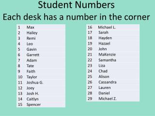 Student Numbers Each desk has a number in the corner