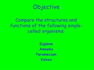 Objective Compare the structures and functions of the following single-celled organisms: