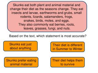 Skunks eat both plant and animal material and change their diet as the seasons change. They eat