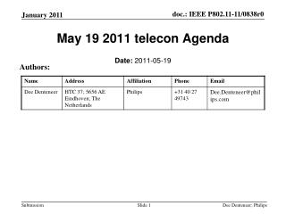 May 19 2011 telecon Agenda