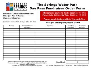 The Springs Water Park Day Pass Fundraiser Order Form