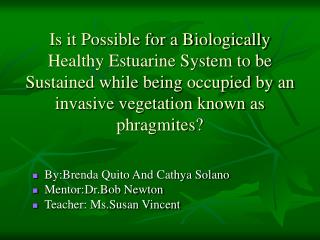 By:Brenda Quito And Cathya Solano Mentor:Dr.Bob Newton Teacher: Ms.Susan Vincent