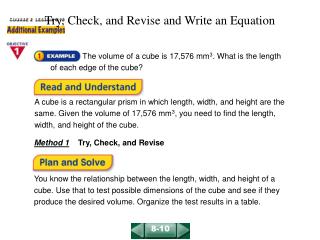 Try, Check, and Revise and Write an Equation