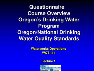 Waterworks Operations WQT 111 Lecture 1