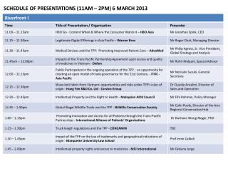 SCHEDULE OF PRESENTATIONS (11AM – 2PM) 6 MARCH 2013