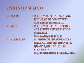 PARTS OF SPEECH Noun	 	: is the word that becomes