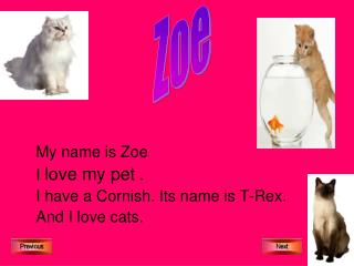 My name is Zoe I love my pet . I have a Cornish. Its name is T-Rex. And I love cats.