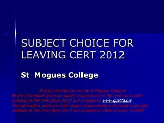 SUBJECT CHOICE FOR LEAVING CERT 2012