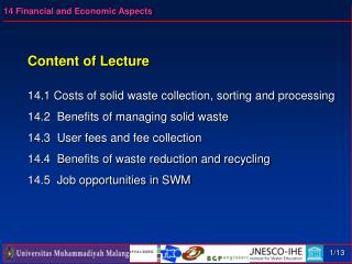 Content of Lecture 14.1 Costs of solid waste collection, sorting and processing