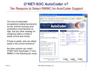 O*NET-SOC AutoCoder v7 Ten Reasons to Select RMWC for AutoCoder Support
