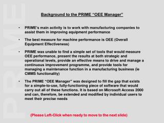 Background to the PRIME “OEE Manager”