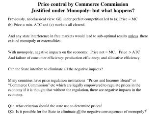 Price control by Commerce Commission Justified under Monopoly- but what happens?