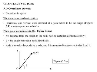CHAPTER 3 : VECTORS 3.1) Coordinate systems Locations in space. The cartesian coordinate system