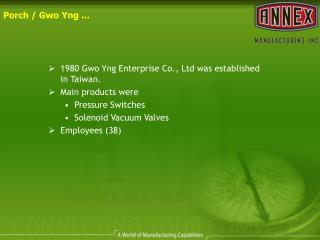 1980 Gwo Yng Enterprise Co., Ltd was established in Taiwan. Main products were Pressure Switches