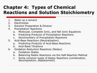 Chapter 4: Types of Chemical Reactions and Solution Stoichiometry