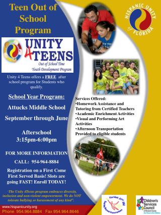 Unity 4 Teens offers a FREE after school program for Students who qualify. School Year Program: