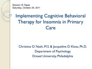 Implementing Cognitive Behavioral Therapy for Insomnia in Primary Care