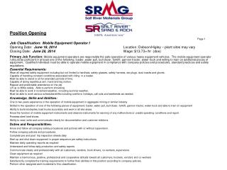Position Opening Page 1 Job Classification: Mobile Equipment Operator I