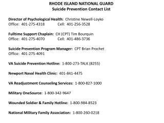 RHODE ISLAND NATIONAL GUARD Suicide Prevention Contact List