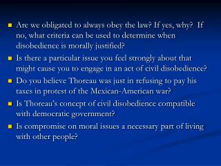 Civil Disobedience Study Questions:
