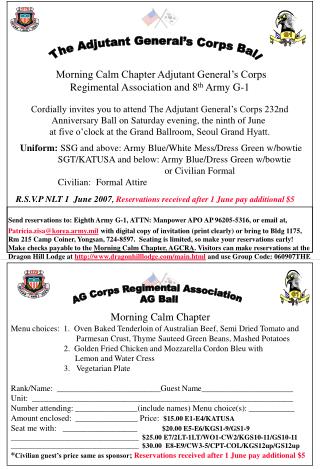 Morning Calm Chapter Adjutant General’s Corps Regimental Association and 8 th Army G-1